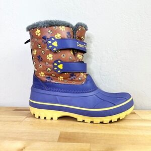 Dream Pairs Kids Ducko Snow Boots Blue Brown Paw Print Faux Fur Lined Size 4